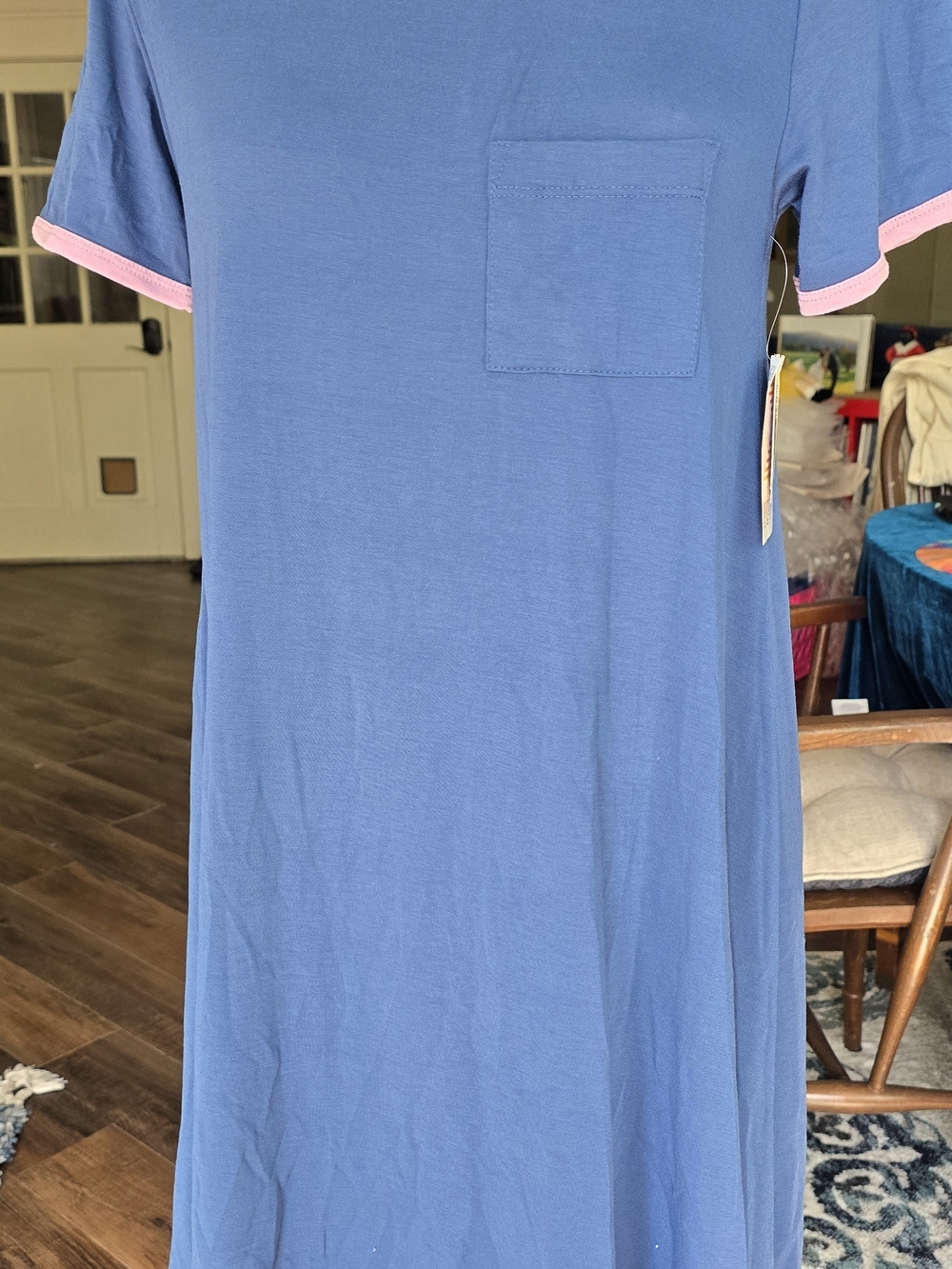 LuLaRoe Maxi Dress in Periwinkle Blue with Pink Trim